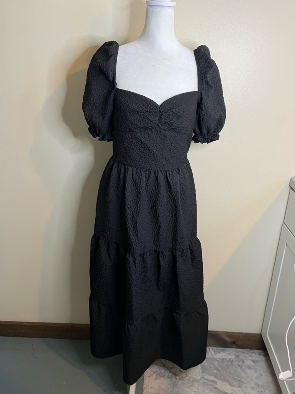 The Frolic Black Puff-Sleeve Midi Dress Cut Out Back Sweetheart Neckline